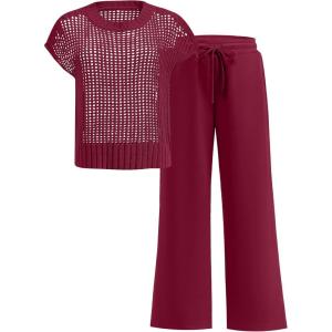 image:imageANRABESS Women Two Piece Outfits Crochet Sheer Knit Sweater Top Wide Leg Pants Lounge Matching Sets Sweatsuit Travel ClothesWine Red