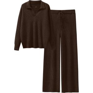 image:imageANRABESS Women Two Piece Outfits Sweater Sets Lounge Waffle Knit Pullover Matching Wide Leg Pants Tracksuit 2025 Fall FashionChocola