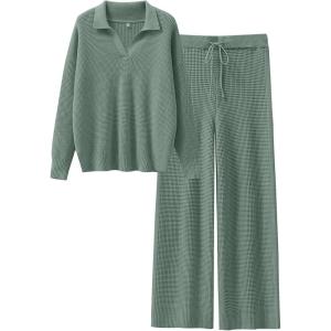 image:imageANRABESS Women Two Piece Outfits Sweater Sets Lounge Waffle Knit Pullover Matching Wide Leg Pants Tracksuit 2025 Fall FashionGreen