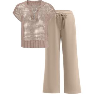 image:imageANRABESS Womens 2 Piece Outfits Crochet Knit Half Zip Sweater Top Wide Leg Pants Summer Lounge Matching Sets Travel ClothesAlmond