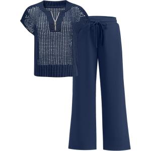 image:imageANRABESS Womens 2 Piece Outfits Crochet Knit Half Zip Sweater Top Wide Leg Pants Summer Lounge Matching Sets Travel ClothesNavy Blue