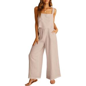 image:imageANRABESS Womens 2 Piece Outfits Linen Pants Jumpsuit Matching Lounge Set Casual Summer Beach Vacation Trendy ClothesApricot