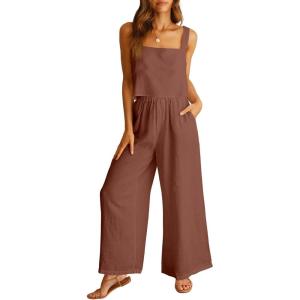 image:imageANRABESS Womens 2 Piece Outfits Linen Pants Jumpsuit Matching Lounge Set Casual Summer Beach Vacation Trendy ClothesBrown