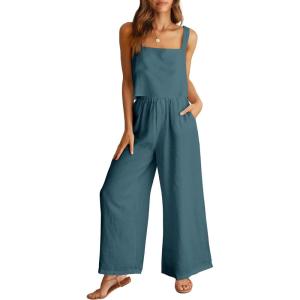 image:imageANRABESS Womens 2 Piece Outfits Linen Pants Jumpsuit Matching Lounge Set Casual Summer Beach Vacation Trendy ClothesGrey Blue