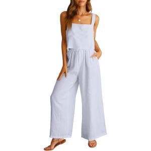 image:imageANRABESS Womens 2 Piece Outfits Linen Pants Jumpsuit Matching Lounge Set Casual Summer Beach Vacation Trendy ClothesLight Blue