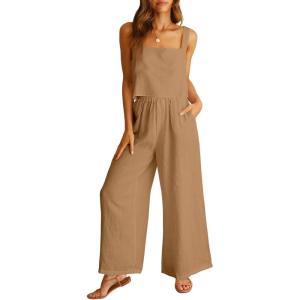 image:imageANRABESS Womens 2 Piece Outfits Linen Pants Jumpsuit Matching Lounge Set Casual Summer Beach Vacation Trendy ClothesLight Brown