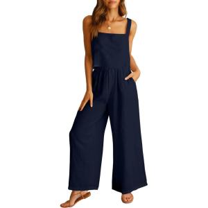image:imageANRABESS Womens 2 Piece Outfits Linen Pants Jumpsuit Matching Lounge Set Casual Summer Beach Vacation Trendy ClothesNavy Blue