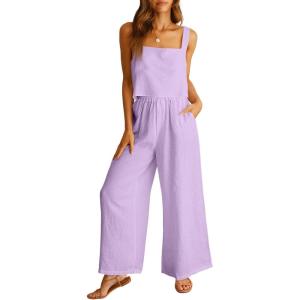 image:imageANRABESS Womens 2 Piece Outfits Linen Pants Jumpsuit Matching Lounge Set Casual Summer Beach Vacation Trendy ClothesPurple