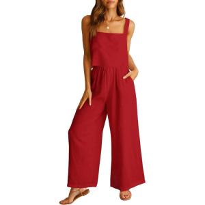 image:imageANRABESS Womens 2 Piece Outfits Linen Pants Jumpsuit Matching Lounge Set Casual Summer Beach Vacation Trendy ClothesRed