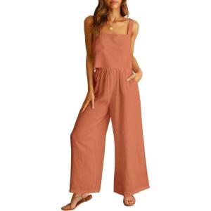 image:imageANRABESS Womens 2 Piece Outfits Linen Pants Jumpsuit Matching Lounge Set Casual Summer Beach Vacation Trendy ClothesRust