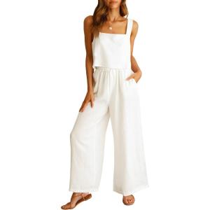 image:imageANRABESS Womens 2 Piece Outfits Linen Pants Jumpsuit Matching Lounge Set Casual Summer Beach Vacation Trendy ClothesWhite