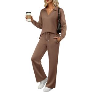 image:imageANRABESS Womens 2 Piece Outfits Lounge Sets Casual Long Sleeve Sweatsuits Polo Top Wide Leg Pants Fall Sweat Matching SetsCamel