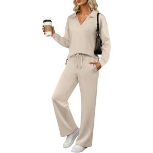 image:imageANRABESS Womens 2 Piece Outfits Lounge Sets Casual Long Sleeve Sweatsuits Polo Top Wide Leg Pants Fall Sweat Matching SetsLighter Khaki