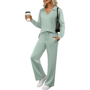image:imageANRABESS Womens 2 Piece Outfits Lounge Sets Casual Long Sleeve Sweatsuits Polo Top Wide Leg Pants Fall Sweat Matching SetsPea Green