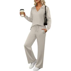 image:imageANRABESS Womens 2 Piece Outfits Lounge Sets Casual Long Sleeve Sweatsuits Polo Top Wide Leg Pants Fall Sweat Matching SetsPeytoe