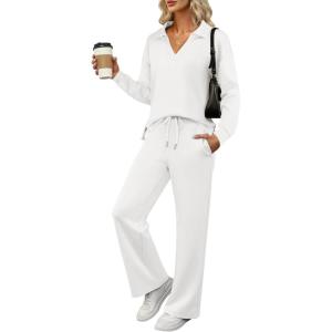 image:imageANRABESS Womens 2 Piece Outfits Lounge Sets Casual Long Sleeve Sweatsuits Polo Top Wide Leg Pants Fall Sweat Matching SetsWhite