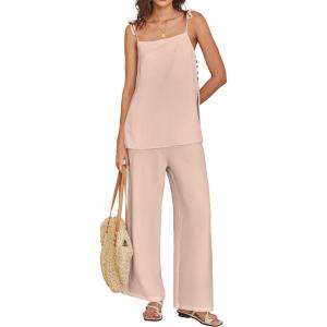 image:imageANRABESS Womens 2 Piece Summer Sets Casual Sleeveless Top and Wide Leg Pants Set Loose Loungewear Vacation Travel OutfitsApricot