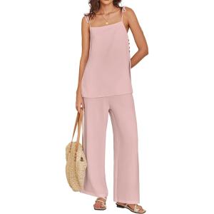 image:imageANRABESS Womens 2 Piece Summer Sets Casual Sleeveless Top and Wide Leg Pants Set Loose Loungewear Vacation Travel OutfitsBright Pink