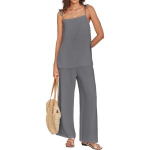 image:imageANRABESS Womens 2 Piece Summer Sets Casual Sleeveless Top and Wide Leg Pants Set Loose Loungewear Vacation Travel OutfitsDark Gray