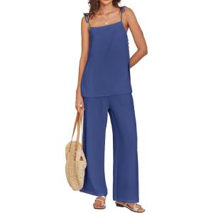 image:imageANRABESS Womens 2 Piece Summer Sets Casual Sleeveless Top and Wide Leg Pants Set Loose Loungewear Vacation Travel OutfitsDeep Blue