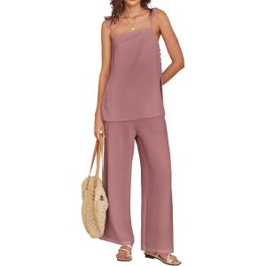 image:imageANRABESS Womens 2 Piece Summer Sets Casual Sleeveless Top and Wide Leg Pants Set Loose Loungewear Vacation Travel OutfitsDusty Rose