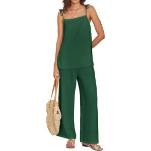 image:imageANRABESS Womens 2 Piece Summer Sets Casual Sleeveless Top and Wide Leg Pants Set Loose Loungewear Vacation Travel OutfitsForest Green