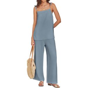 image:imageANRABESS Womens 2 Piece Summer Sets Casual Sleeveless Top and Wide Leg Pants Set Loose Loungewear Vacation Travel OutfitsGrey Blue