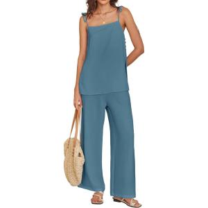 image:imageANRABESS Womens 2 Piece Summer Sets Casual Sleeveless Top and Wide Leg Pants Set Loose Loungewear Vacation Travel OutfitsLake