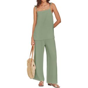 image:imageANRABESS Womens 2 Piece Summer Sets Casual Sleeveless Top and Wide Leg Pants Set Loose Loungewear Vacation Travel OutfitsLight Green