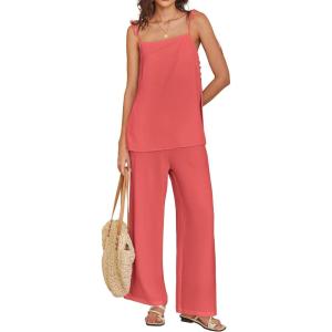 image:imageANRABESS Womens 2 Piece Summer Sets Casual Sleeveless Top and Wide Leg Pants Set Loose Loungewear Vacation Travel OutfitsOrange Red