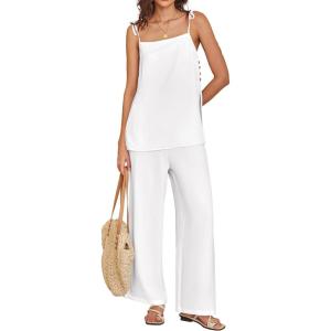 image:imageANRABESS Womens 2 Piece Summer Sets Casual Sleeveless Top and Wide Leg Pants Set Loose Loungewear Vacation Travel OutfitsWhite