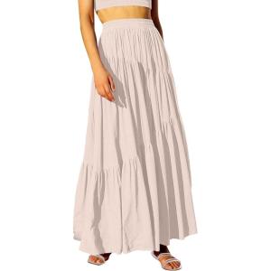 image:imageANRABESS Womens Boho Elastic High Waist Pleated ALine Flowy Swing Asymmetric Tiered Maxi Long Skirt Dress with PocketsApricort