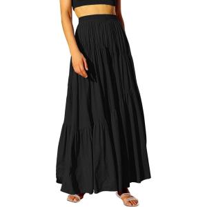 image:imageANRABESS Womens Boho Elastic High Waist Pleated ALine Flowy Swing Asymmetric Tiered Maxi Long Skirt Dress with PocketsBlack