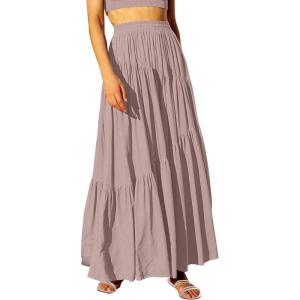 image:imageANRABESS Womens Boho Elastic High Waist Pleated ALine Flowy Swing Asymmetric Tiered Maxi Long Skirt Dress with PocketsBrown