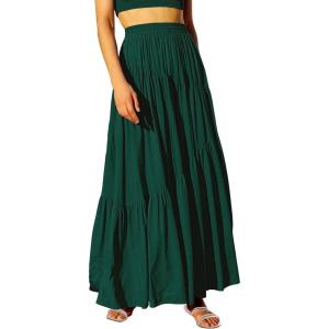 image:imageANRABESS Womens Boho Elastic High Waist Pleated ALine Flowy Swing Asymmetric Tiered Maxi Long Skirt Dress with PocketsDeep Green