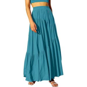image:imageANRABESS Womens Boho Elastic High Waist Pleated ALine Flowy Swing Asymmetric Tiered Maxi Long Skirt Dress with PocketsLake