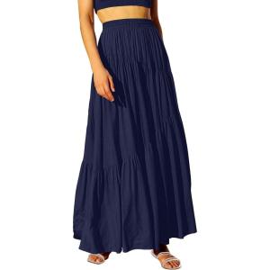 image:imageANRABESS Womens Boho Elastic High Waist Pleated ALine Flowy Swing Asymmetric Tiered Maxi Long Skirt Dress with PocketsNavy Blue