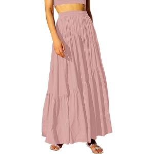 image:imageANRABESS Womens Boho Elastic High Waist Pleated ALine Flowy Swing Asymmetric Tiered Maxi Long Skirt Dress with PocketsPink