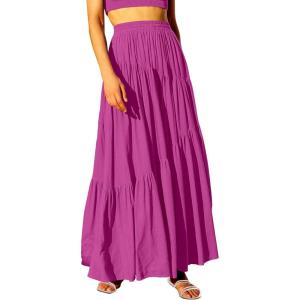 image:imageANRABESS Womens Boho Elastic High Waist Pleated ALine Flowy Swing Asymmetric Tiered Maxi Long Skirt Dress with PocketsRose