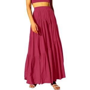image:imageANRABESS Womens Boho Elastic High Waist Pleated ALine Flowy Swing Asymmetric Tiered Maxi Long Skirt Dress with PocketsWine Red