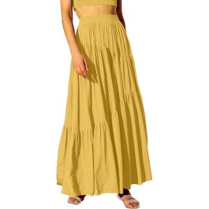 image:imageANRABESS Womens Boho Elastic High Waist Pleated ALine Flowy Swing Asymmetric Tiered Maxi Long Skirt Dress with PocketsYellow