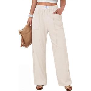 image:imageANRABESS Womens Casual Pants 2026 Summer Loose Fit Lounge Pants with Pockets High Waisted Elastic Waist Straight Leg TrousersBeige