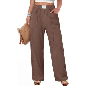 image:imageANRABESS Womens Casual Pants 2026 Summer Loose Fit Lounge Pants with Pockets High Waisted Elastic Waist Straight Leg TrousersBrown
