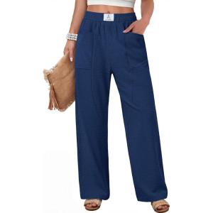 image:imageANRABESS Womens Casual Pants 2026 Summer Loose Fit Lounge Pants with Pockets High Waisted Elastic Waist Straight Leg TrousersNavy Blue