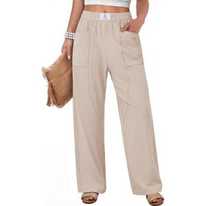 image:imageANRABESS Womens Casual Pants 2026 Summer Loose Fit Lounge Pants with Pockets High Waisted Elastic Waist Straight Leg TrousersParchment