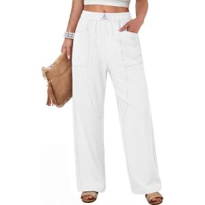 image:imageANRABESS Womens Casual Pants 2026 Summer Loose Fit Lounge Pants with Pockets High Waisted Elastic Waist Straight Leg TrousersWhite