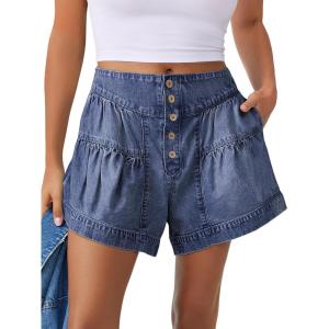 image:imageANRABESS Womens Denim Shorts Summer Baggy High Waisted Flowy Wide Leg Buttons Pleated Casual Jean Shorts 2026 Fashion SkortsBlue