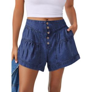 image:imageANRABESS Womens Denim Shorts Summer Baggy High Waisted Flowy Wide Leg Buttons Pleated Casual Jean Shorts 2026 Fashion SkortsDark Blue