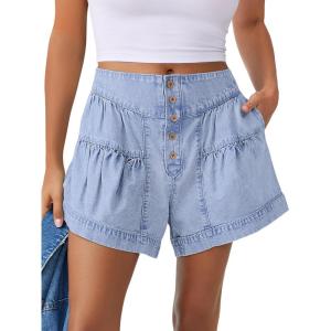 image:imageANRABESS Womens Denim Shorts Summer Baggy High Waisted Flowy Wide Leg Buttons Pleated Casual Jean Shorts 2026 Fashion SkortsLight Blue