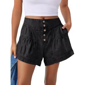 image:imageANRABESS Womens Denim Shorts Summer Baggy High Waisted Flowy Wide Leg Buttons Pleated Casual Jean Shorts 2026 Fashion SkortsWashed Black